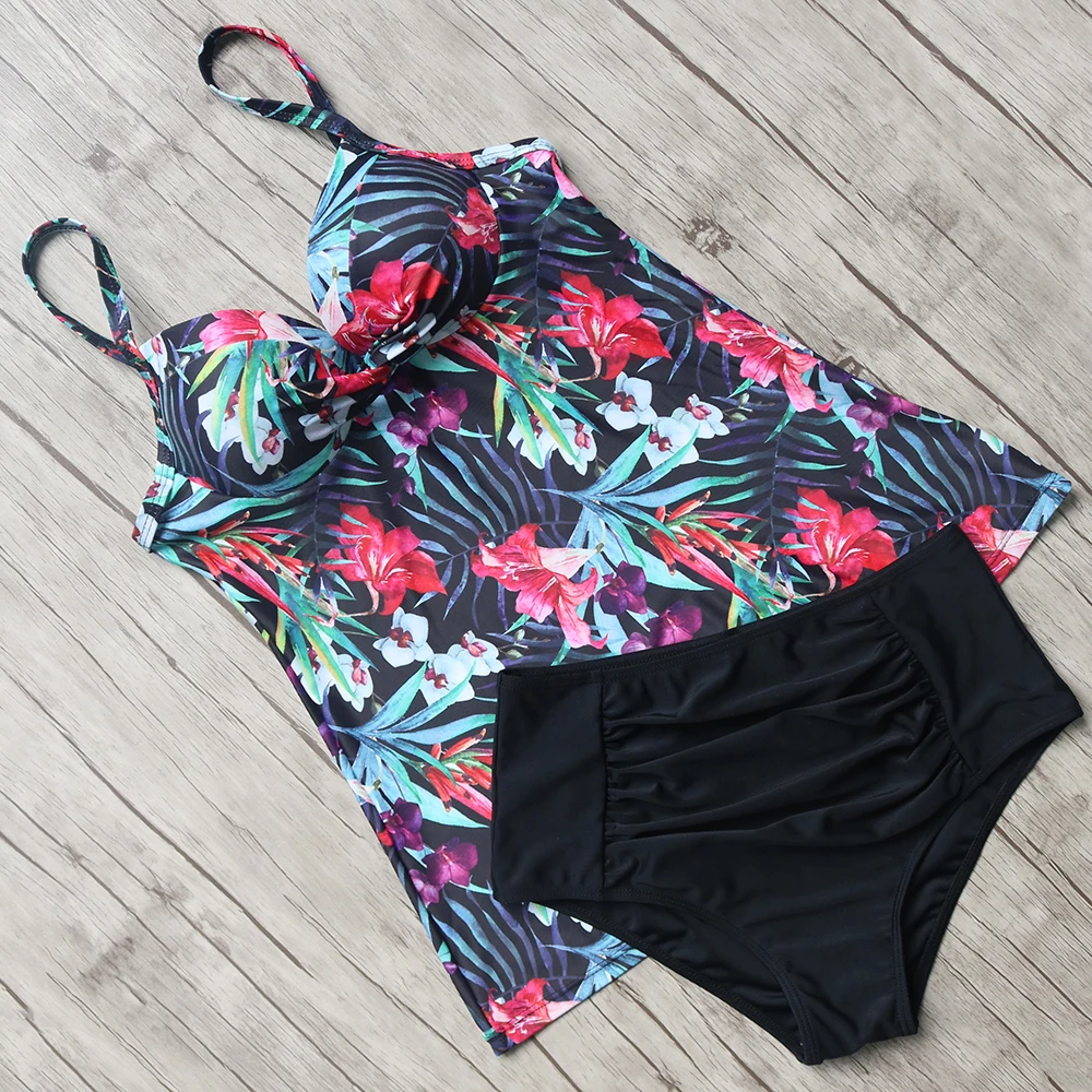 2018 Plus Size Swimsuit Women Sexy Halter Bandage Swimwear Printed Tankini Swimming Suit Female Two Pieces Bathing | Спорт и