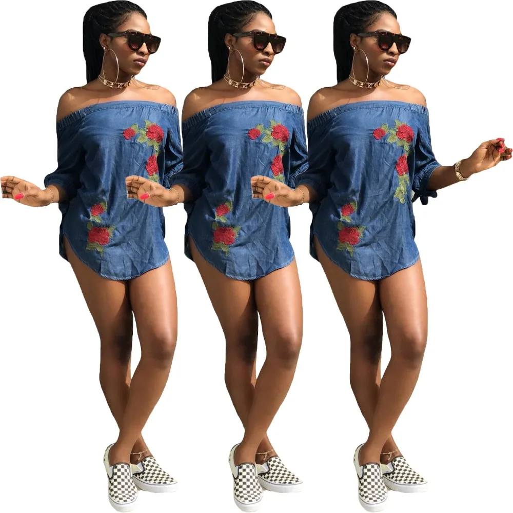 Women Sexy Asymmetric Denim T Shirts 2018 Slash Neck Three Quarter Sleeve Lace Up Tops Autumn 