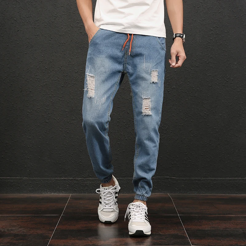 New 2017 Mens Joggers Jeans Men Pants Stretch Waist Blue Ripped Jeans For Men Slim Fit Boys Ankle Length Hole Casual Jeans Male Aliexpress