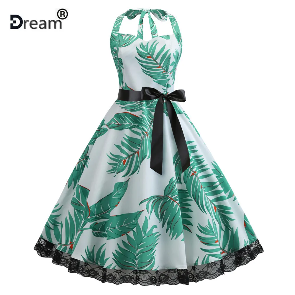 

Floral Print Halter Party Dress Women Sleeveless Vintage Dress Summer Hepbrn Rockabilly Swing Retro Elegant Dress Vestidos