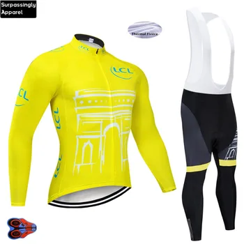 

2019 Racing Team Winter Cycling Jersey Set Yellow Thermal Fleece Long Sleeve Bib Pant Warm High Quality Cycling Clothing