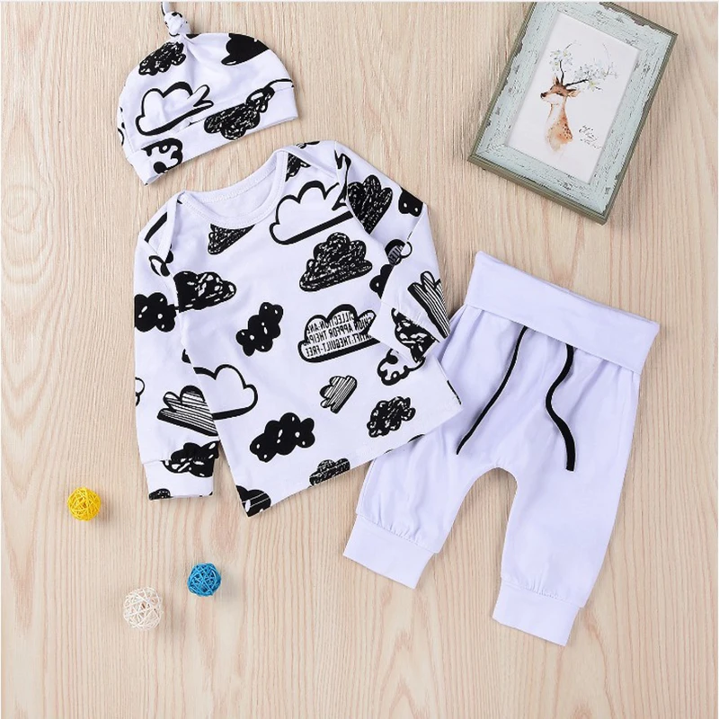 Long sleeve Newborn Clothes Cloud pattern 3PCS Baby Girl Clothes Set New Born Boys Sets Infant Baby Tops+Pants+hat children set