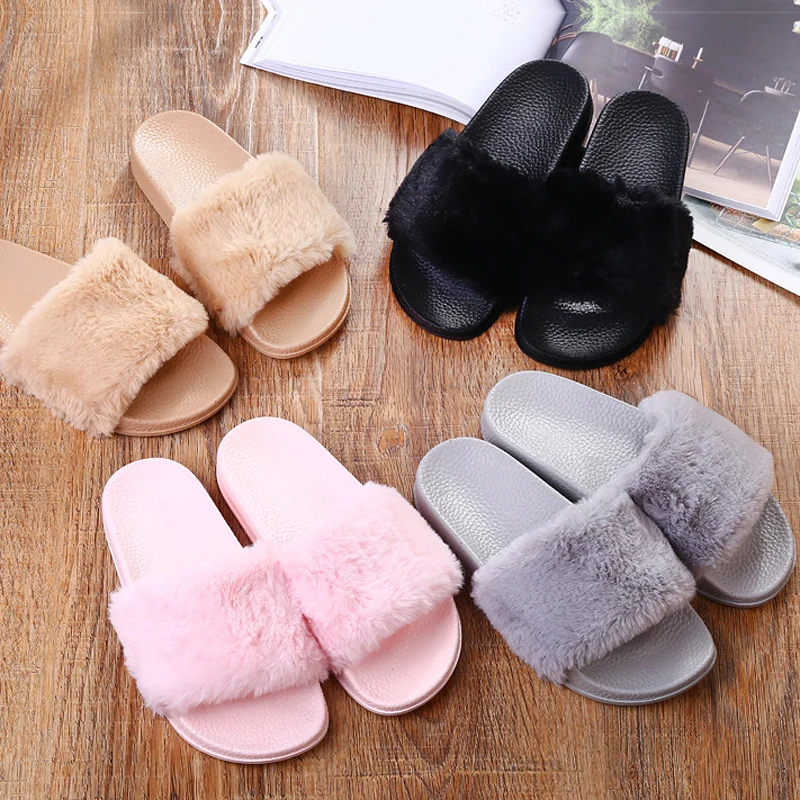 

Fur Slippers Women Fur Slide Sandals Beach Slides Spring Summer Slip On Sandals Women Shoes Ladies Flip Flops Dropshipping
