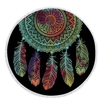

Hot Sale Microfiber Dreamcatcher Printing Summer Round Beach Towel Yoga Mat with Tassel 150*150cm 500g Cotton edge