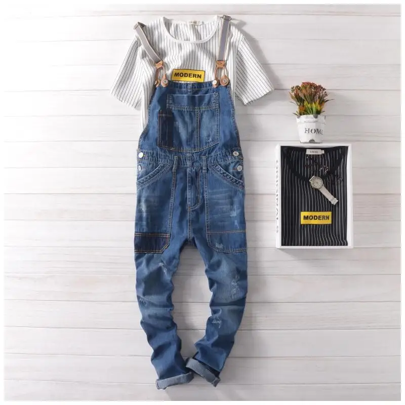 

2016 Korean men washed Denim Bib summer frock suspenders Siamese men only jeans