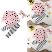 Комплекты одежды для новорожденных девочек, комбинезон с длинными рукавами и принтом в виде сердца+ штаны в полоску+ повязка на голову