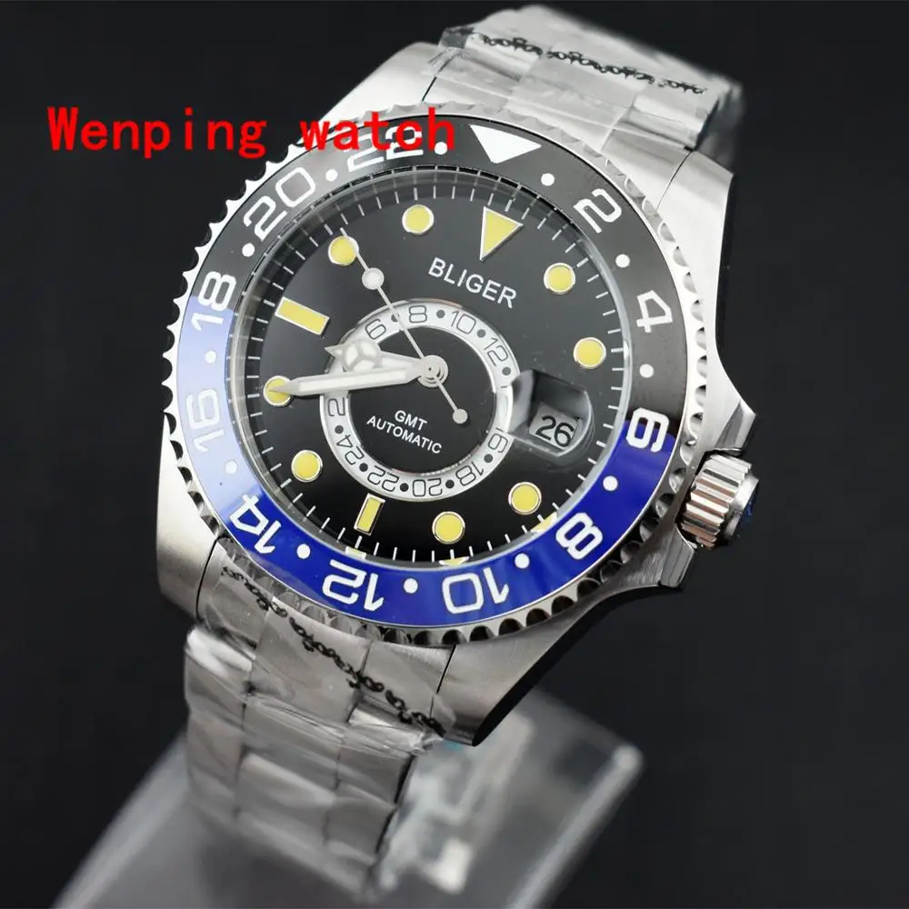 

Fashion luxury brand Bliger 43mm black dial yellow beads ceramic bezel stainless steel case men mechanical automatic Watch