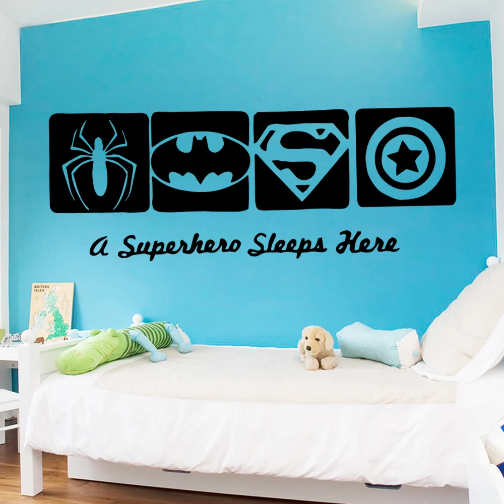 

Cartoon A Superhero sleep Here Vinyl Wall Sticker Wall Decals For Kids Rooms Baby Room Decoration Wall Decor Sticker Mural