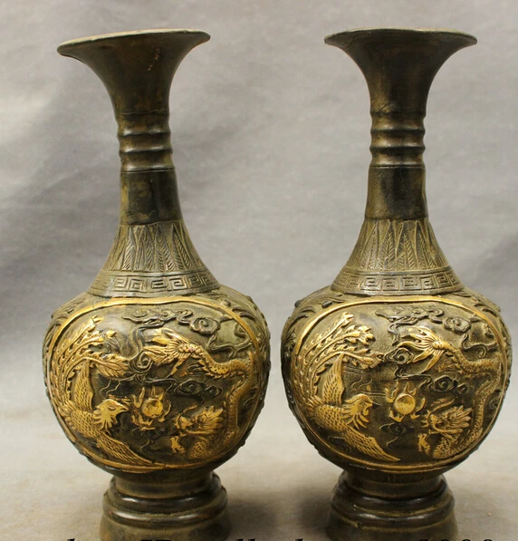 

JP S0114 9" Folk Chinese Bronze Copper Gilt JiXiang Dragon Phoenix Statue Pot Vase Pair B0403