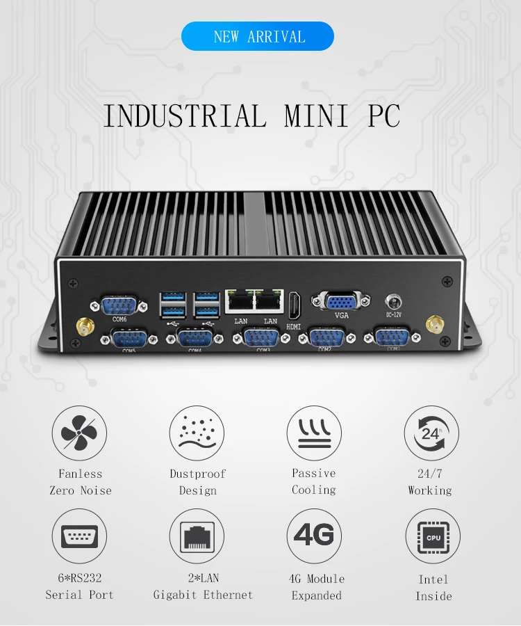 Промышленный мини-ПК без вентилятора Intel Core i7 i5 J1900 Win10 Linux компьютер Nuc Micro Computador Dual Gigabit Ethernet LAN 6COM порты