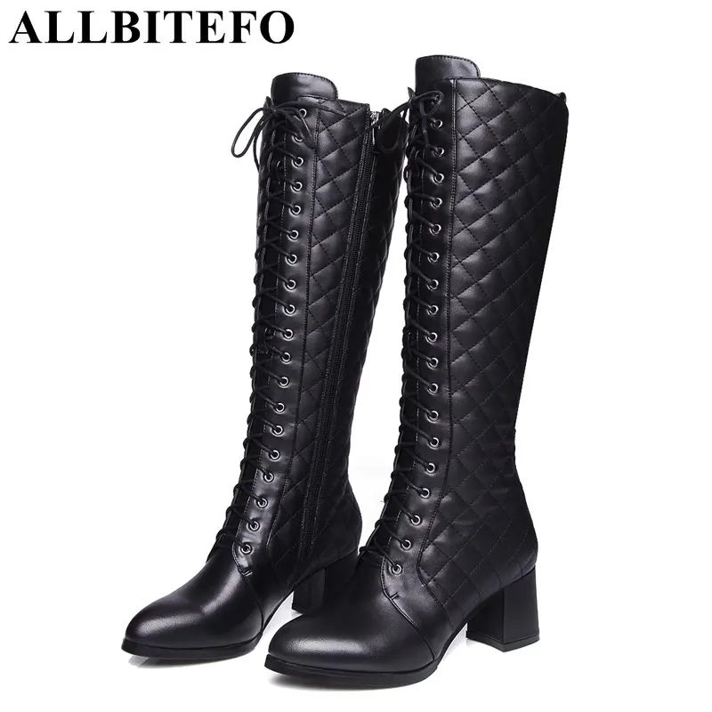 

ALLBITEFO thick heel genuine leather+pu lace-up women boots brand medium heel women knee high boots winter boots plus size
