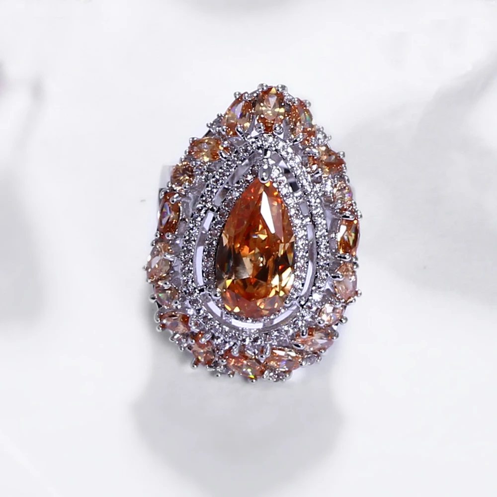 Fashion jewelry Large water drop ring Pave Champagne/Green/White cubic zirconia Brass Metal women rings