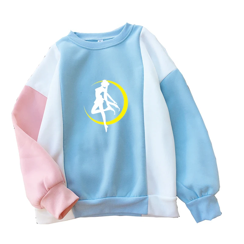 Autumn Winter Women Kpop Casual Kawaii Cartoon Sailor Moon Hoodies Sweatshirts Long Sleeve Loose Colorblock Splicing Fleece Tops photo