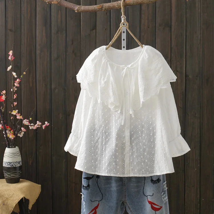 

KYQIAO women boho white shirt 2019 mori girls summer Japanese style fresh three quarter sleeve ruffled solid blouse