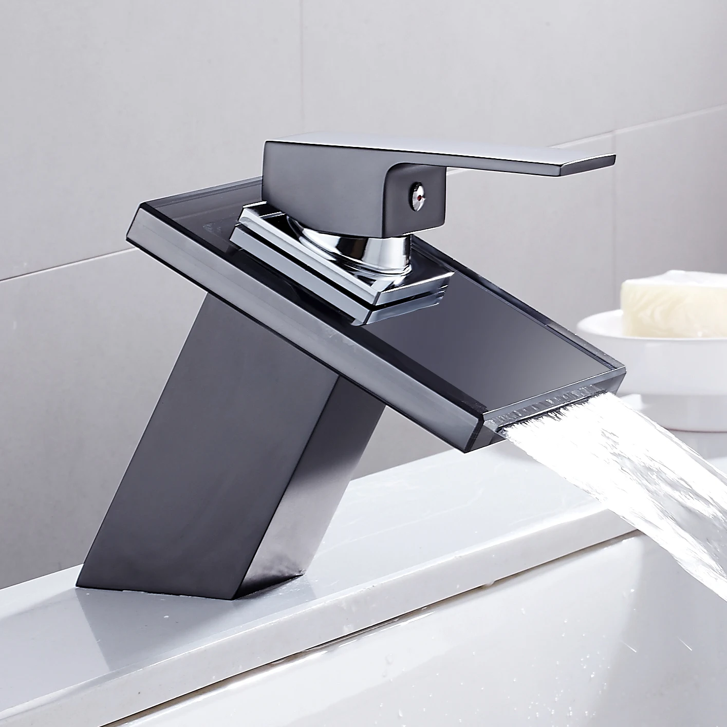 

Waterfall Basin Faucet for Bathroom Black Deck Mount Square Vanity Sink Mixer Tap Single Lever Solid Glass