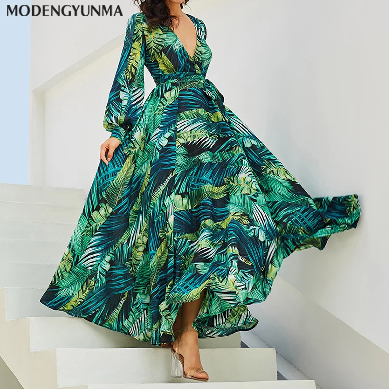 

Vintage Long Sleeve Dress Green Tropical Beach Vintage Maxi Dresses Boho Casual V Neck Belt Lace Up Tunic Draped Plus Size Dress