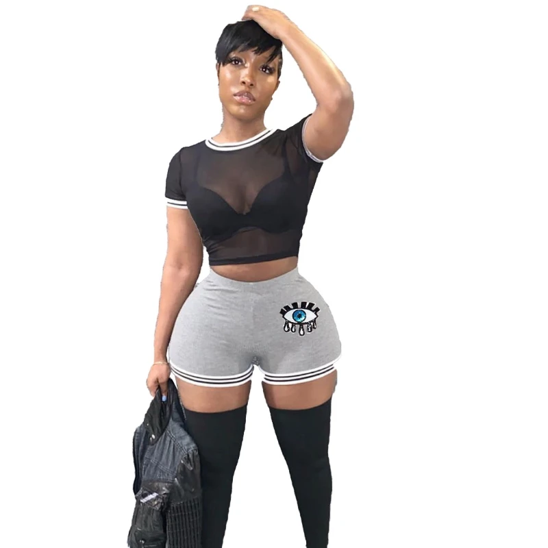 

Bodycon Bodysuit Black Mesh Crop Top Striped Side Perspective Short Sleeve Short Sets For Women Sequins Eyes Two Piece Set Sexy