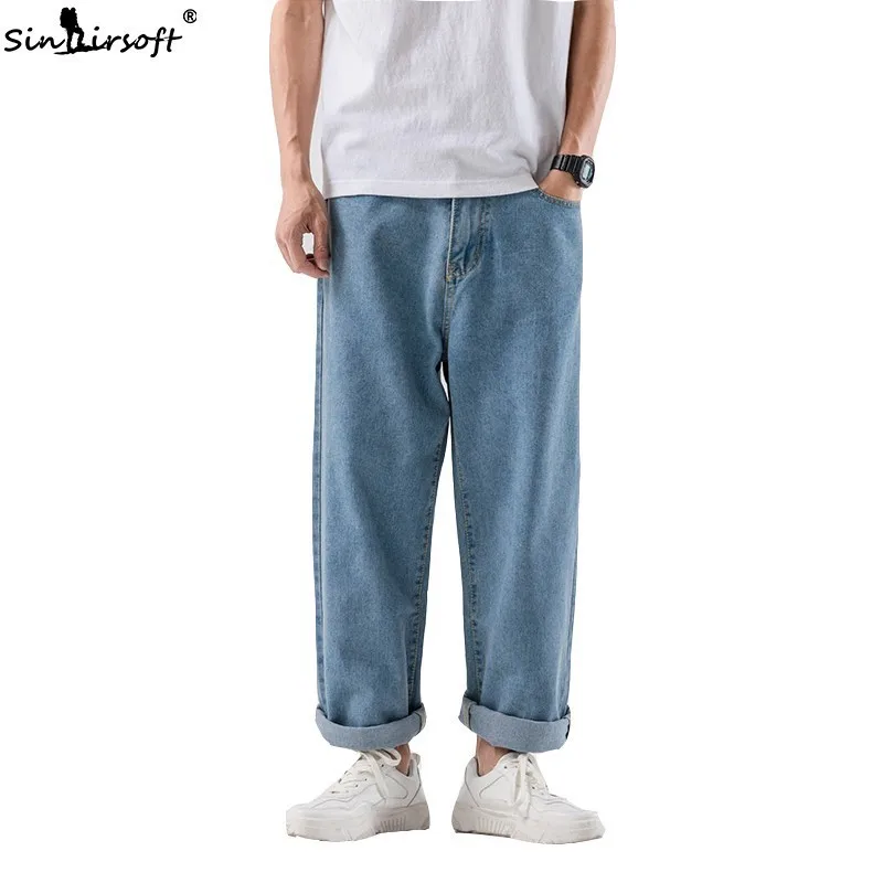 

High Quality Denim Pure Daddy Pants Men Casual Streetwear Wide Leg Jeans Male Skateboard Ankle-Length Trousers Loose Summer New