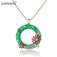 LUOTEEMI Sweater Necklace Luxury Rose Gold Color Flower Multi Cubic Zircon Big Green Circle Pendant Long