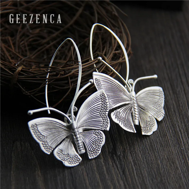 

925 Sterling Thai Silver Handmade Craft Butterfly Drop Earrings for Women Fine Jewelry Vintage Antique Trendy Dangle Earring