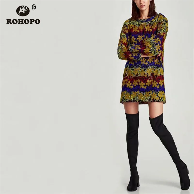

ROHOPO Autumn Vintage Printed Straight Mini Dress Long Sleeve Retro Pullover Vestido #XZ1882