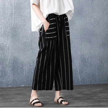 

#0635 Vertical Striped Wide Leg Pants Women Elastic Waist Loose Casual Trousers Cotton Ankle-length Pantalon Femme Black White