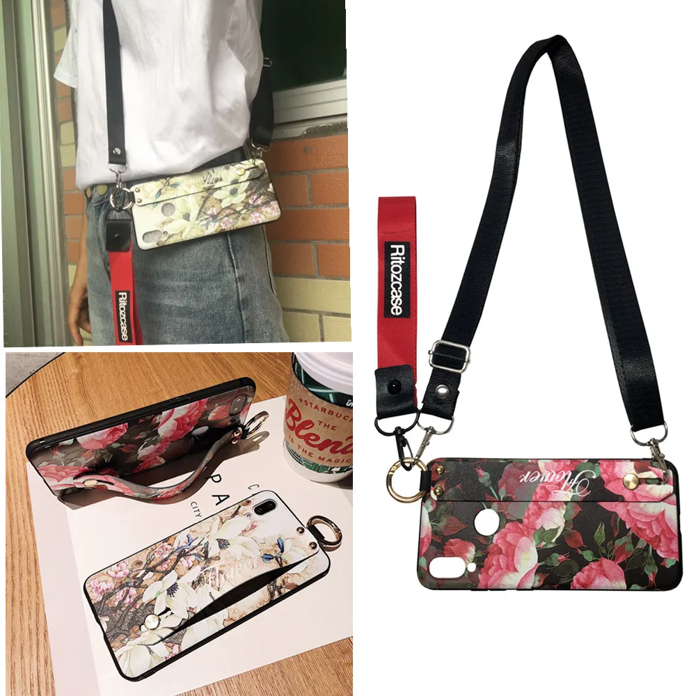 

3d rose flower shoulder strap silicon case for xiaomi mi A2 8 9 A2 redmi note 7 6 5 pro case cover wristband holder soft phone b