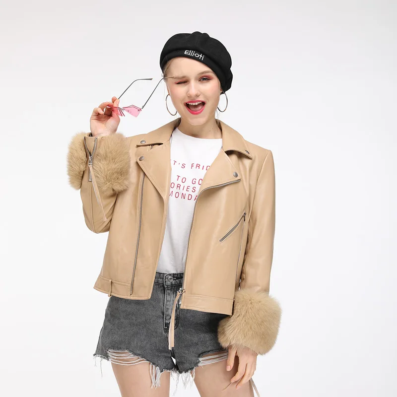 Maylofuer Fashion Women Genuine Leather Jackets Zipper Basic Coat Turn-down Collar Biker Jacket with Fox Fur Sleeves