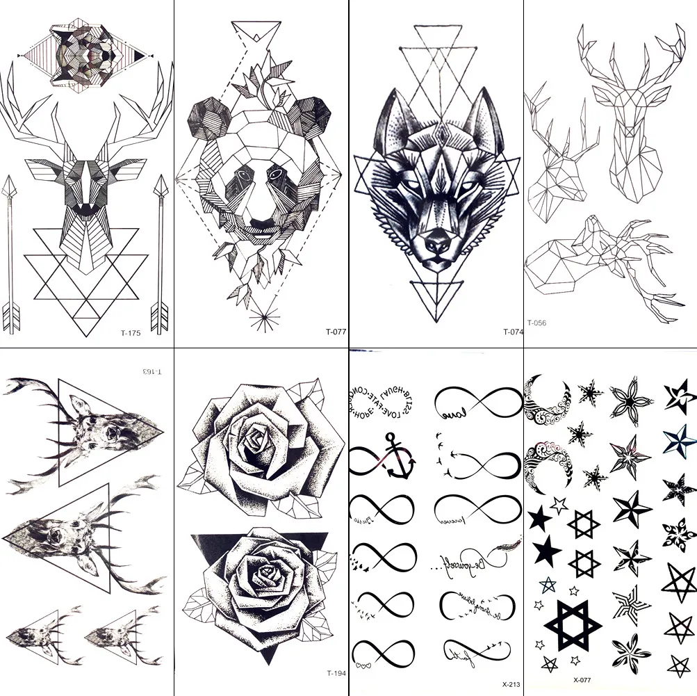 

Geometric Moose Elk Arrow Temporary Tattoo Panda Women Hand Tatoo Sticker Triangle Wolf Body Arm Art Waterproof Tattoo Men Deer