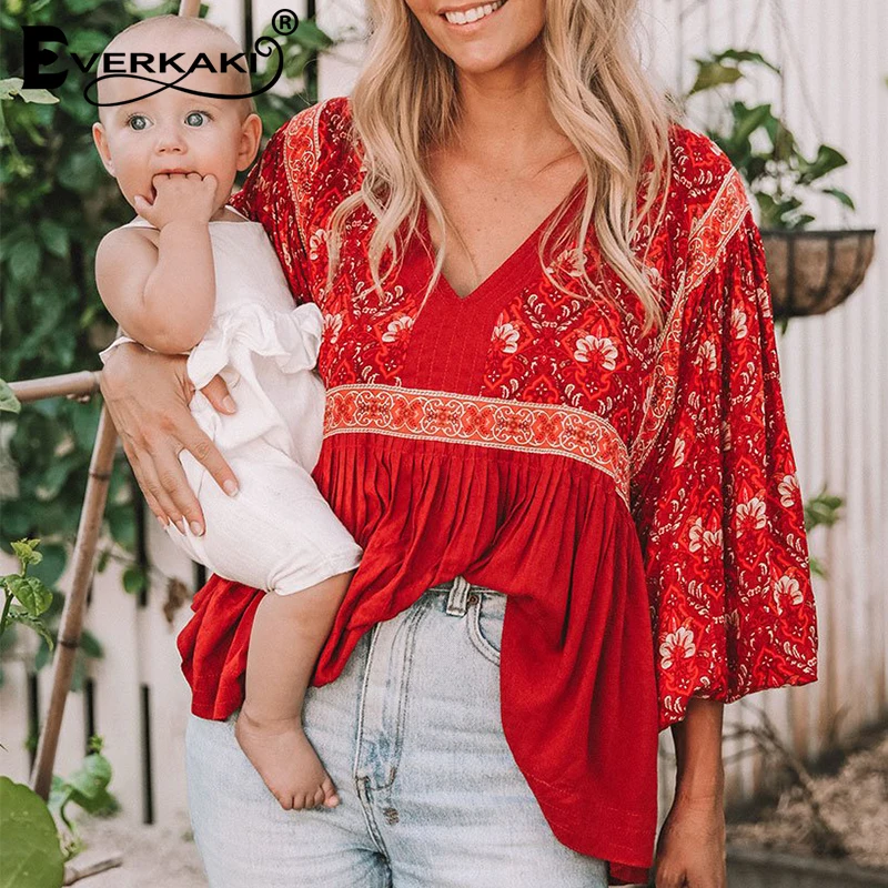 Vente Everkaki Rouge Boho Blouse Chemise Peplum Top À Manches Longues Imprimé Floral Coton V Cou 2018 Bohème Blouses Femmes Tops Et blouses