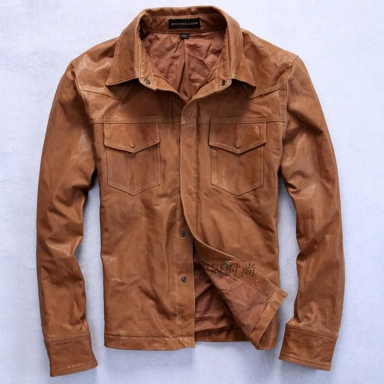 Новое поступление мужская модная кожаная рубашка коричневая рубашка из овчины с отложным воротником мужская Тонкая кожаная куртка мужская M-XL