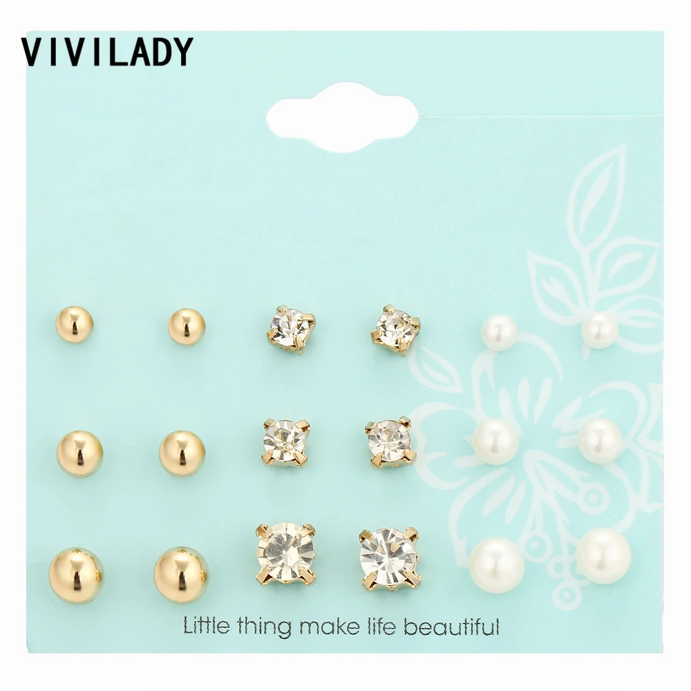 VIVILADY Romantic Cute 9 Pairs set Imitation Pearls Metal Balls font b Crystal b font Nickel