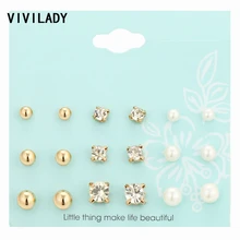 VIVILADY Romantic Cute 9 Pairs/set Imitation Pearls Metal Balls Crystal Nickel Free Stud Earrings Femme Kid Teenage Jewelry Gift