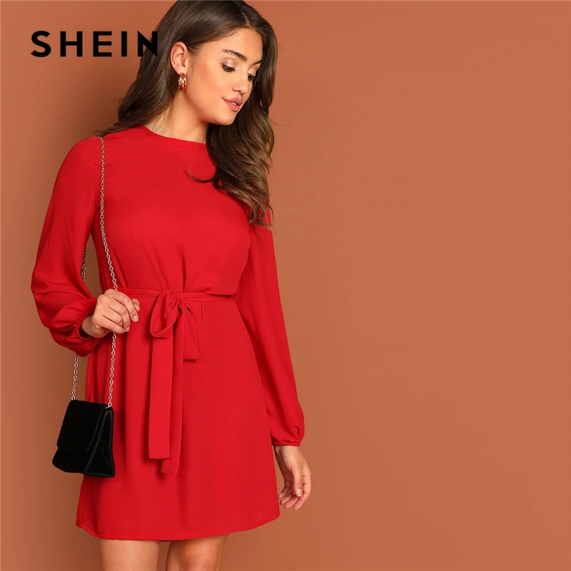 Goede SHEIN Keyhole Back Taille Belted EEN Lijn Knoop Plain Ronde Hals Jurk Vrouwen Herfst Highstreet Fit en Flare Casual Jurken