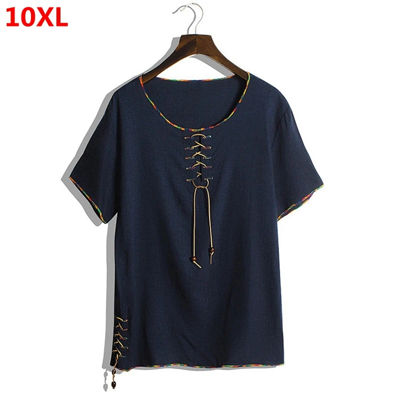 

Big size men's summer extra large size half sleeve tide man 8XL linen round neck short sleeve t-shirt national style