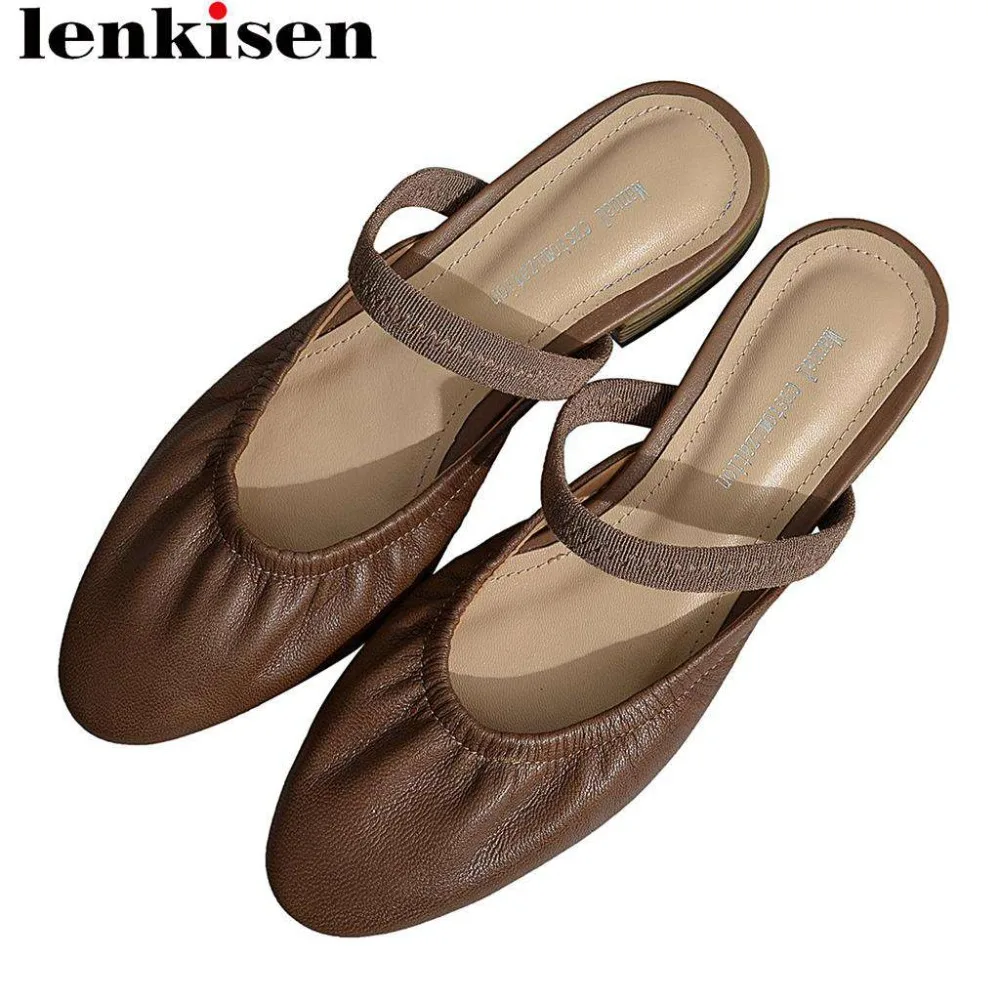 

Lenksien 2019 recommend handmade genuine leather slip on mules round toe low heels women pumps European style grandma shoes L60
