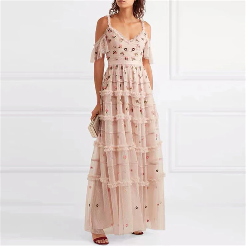 CAMIA вышитое Сетчатое цветочное длинное платье розовое с v-образным вырезом на плече дамские темпераментные вечерние элегантные платья