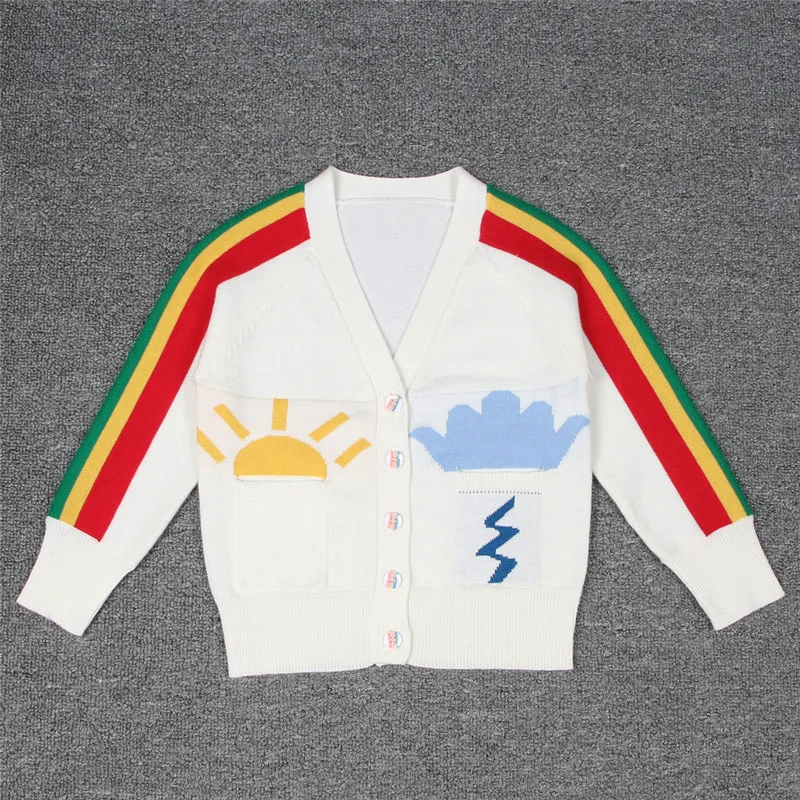 

fashion Europe Children's sweater Girls rainbow pattern tops baby knitted cardigan clothes kids cotton outwear