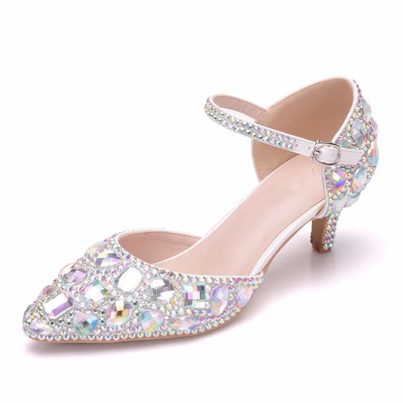 Туфли-лодочки Золушки на каблуке «рюмочка» 5 см для выпускного бала, украшенные кристаллами Ab, Серебристые свадебные вечерние туфли со стразами и ремешком на щиколотке, красивая обувь