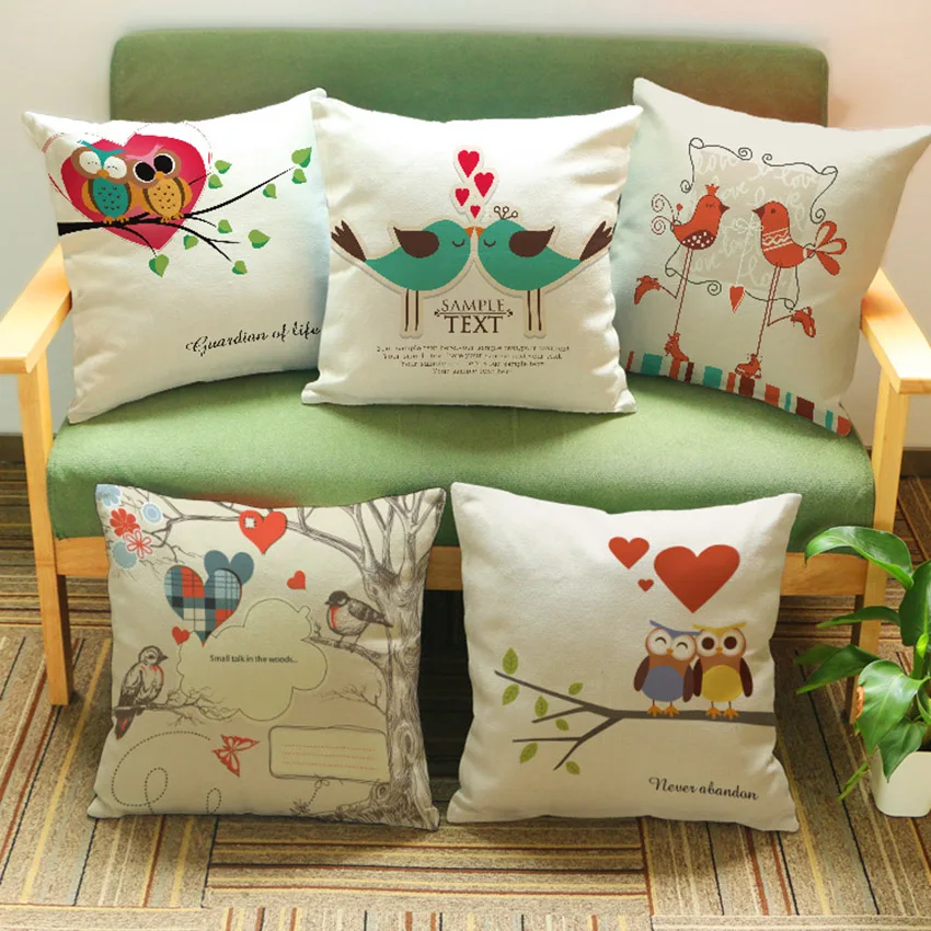 Birds Cushion Home Decor Love Birds Pillows Cases Sofa Cotton Linen