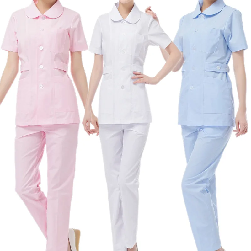 

[SET] White powder blue 3 color medical work uniform, female short sleeved summer uniform doll collar nurse clothes