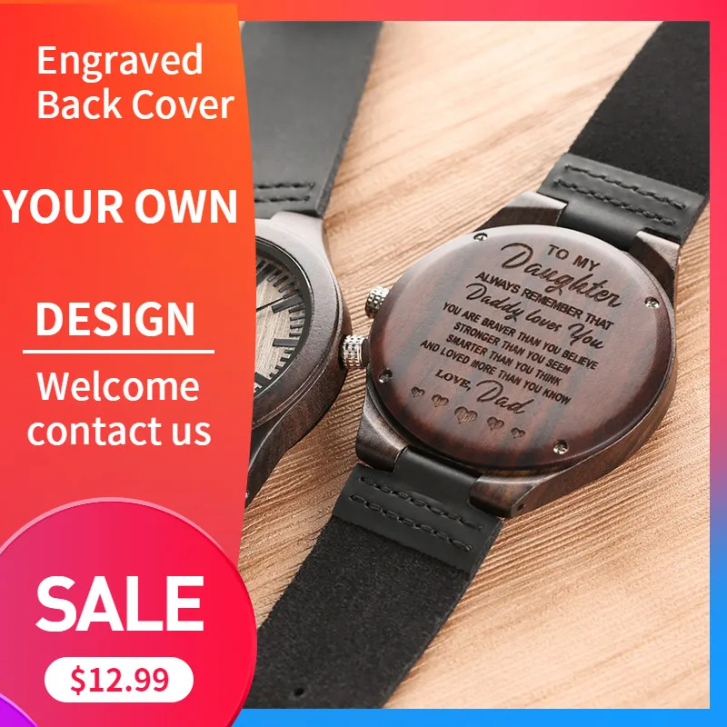 

Custom Carving "To My Daughter" Wooden Women Watch Casual Ladies Genuine Leather Wristwatch Creative Personalized Engraved Clock
