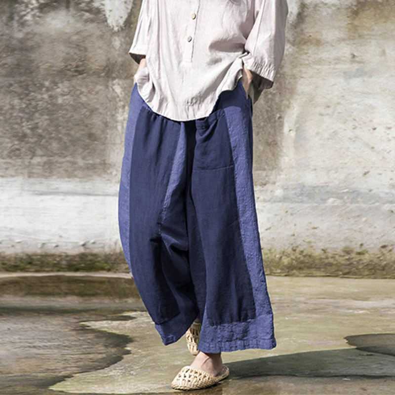 

Johnatrure 2019 Spring Women Patchwork Loose Pants New Casual Simple Elastic Waist Cotton Linen Long Wide Leg Pants