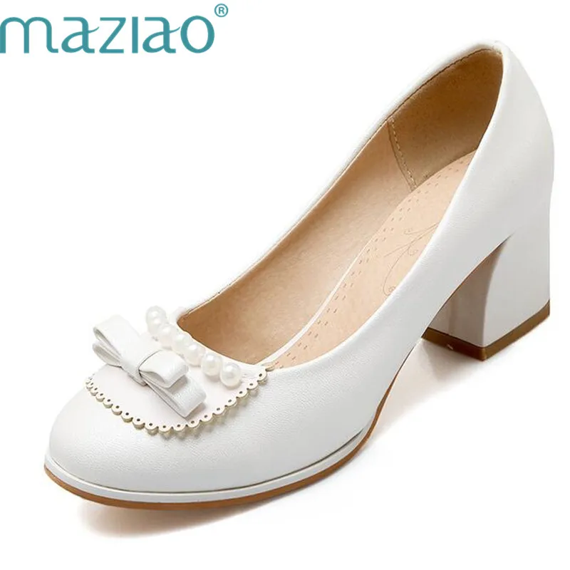 

MAZIAO Round toe Bowtie Pearl Lace Mid heels Big size 33-48 Spring Autumn Fashion Sweet Pumps Women Shoes Ladies shoes