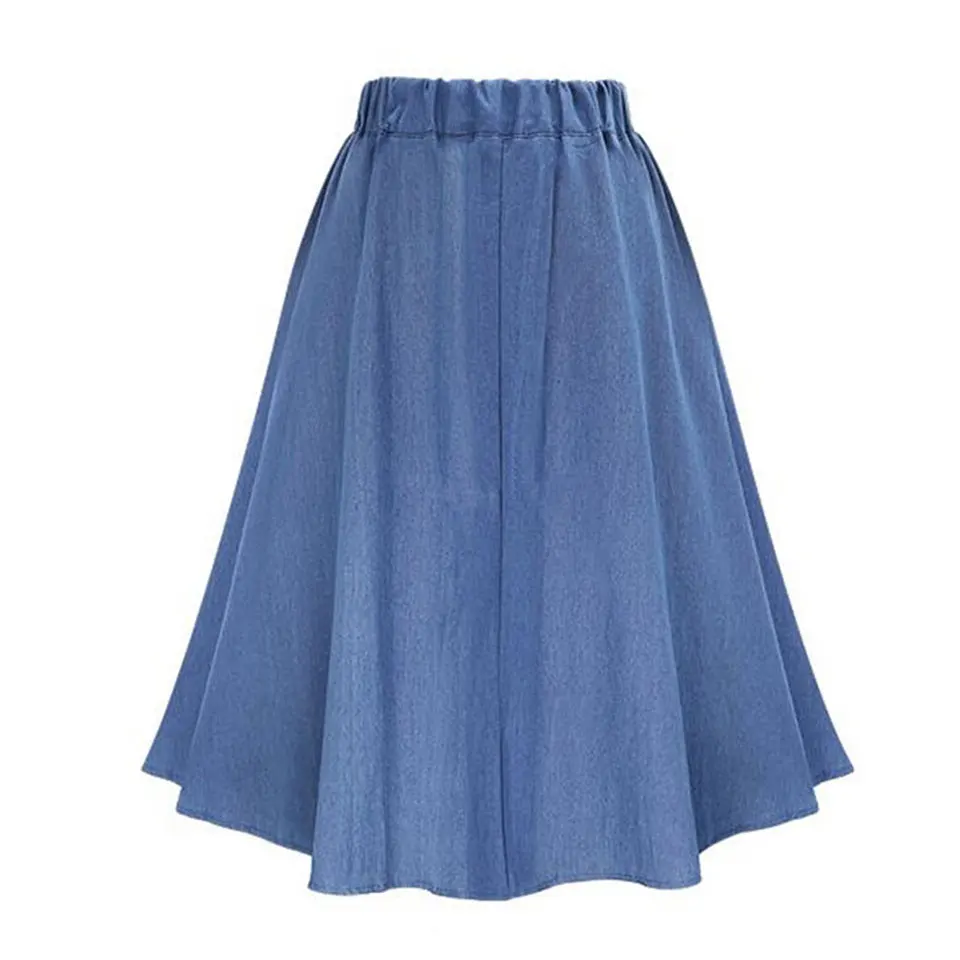 Summer Women Denim Skirt Casual Button High Waist Pleated Skirts Vintage Blue High Elastic Jean Skirts Plus Size Sundress