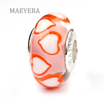 

MAEYERA Authentic 925 Sterling Silver Lampwork B Orange Heart-Shaped Murano Glass Beads Fit European Charm Bracelet 920171