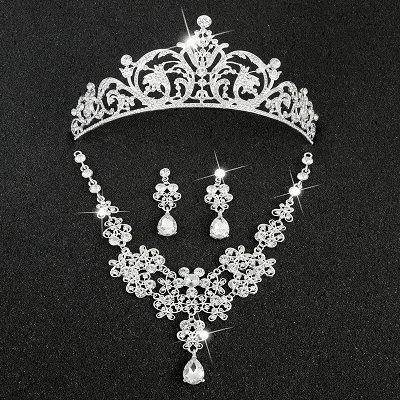 Hot Sale Sliver Plated Rhinestone Crystal Necklace+Earrings+Tiara 3pcs Jewelry Set For Bride Bridal Wedding Accessories (24)