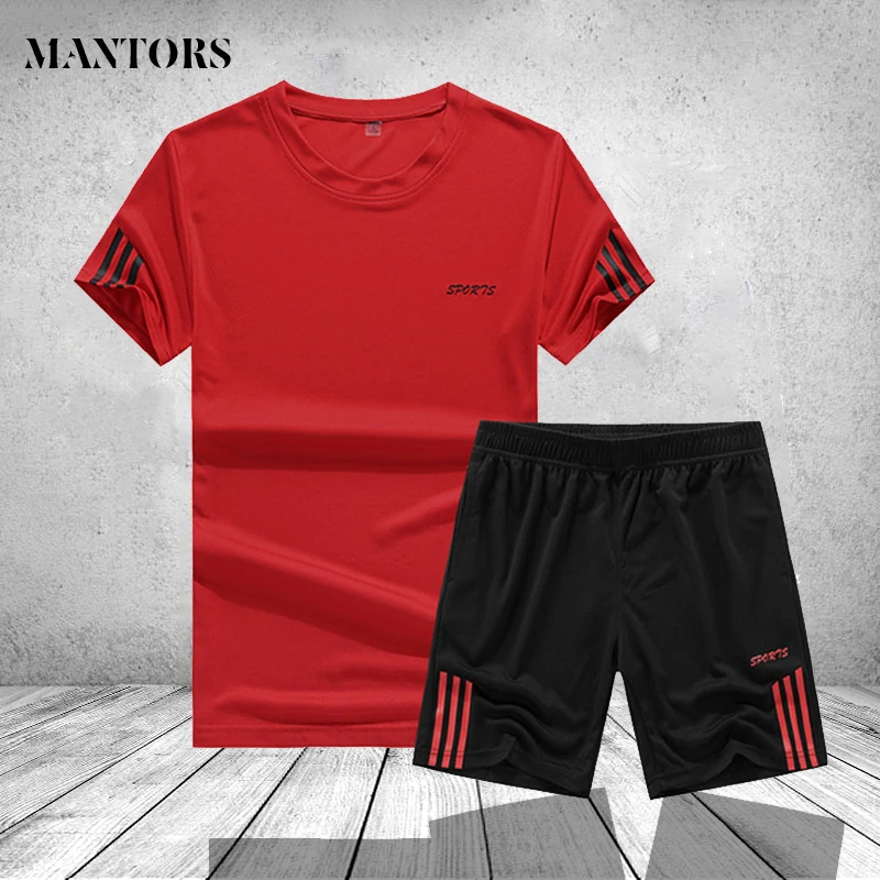 

Fitness Casual Men Short Sets Summer Stripe Tracksuit Men 2 Piece T-shirts+Shorts Mens Sportswear Jogger Set Trainingspak Mannen