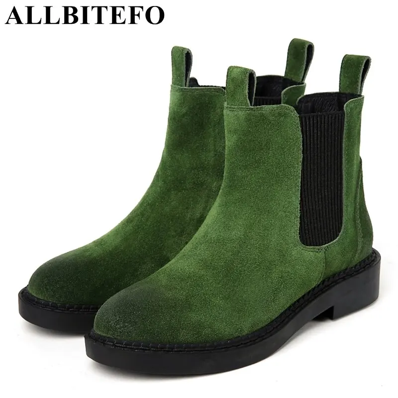ALLBITEFO thick heel Nubuck leather round toe women boots brand low heeled platform Elastic band women