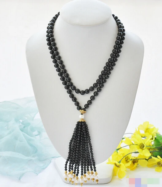 

huij 004339 8mm black agate bead white round pearl necklace